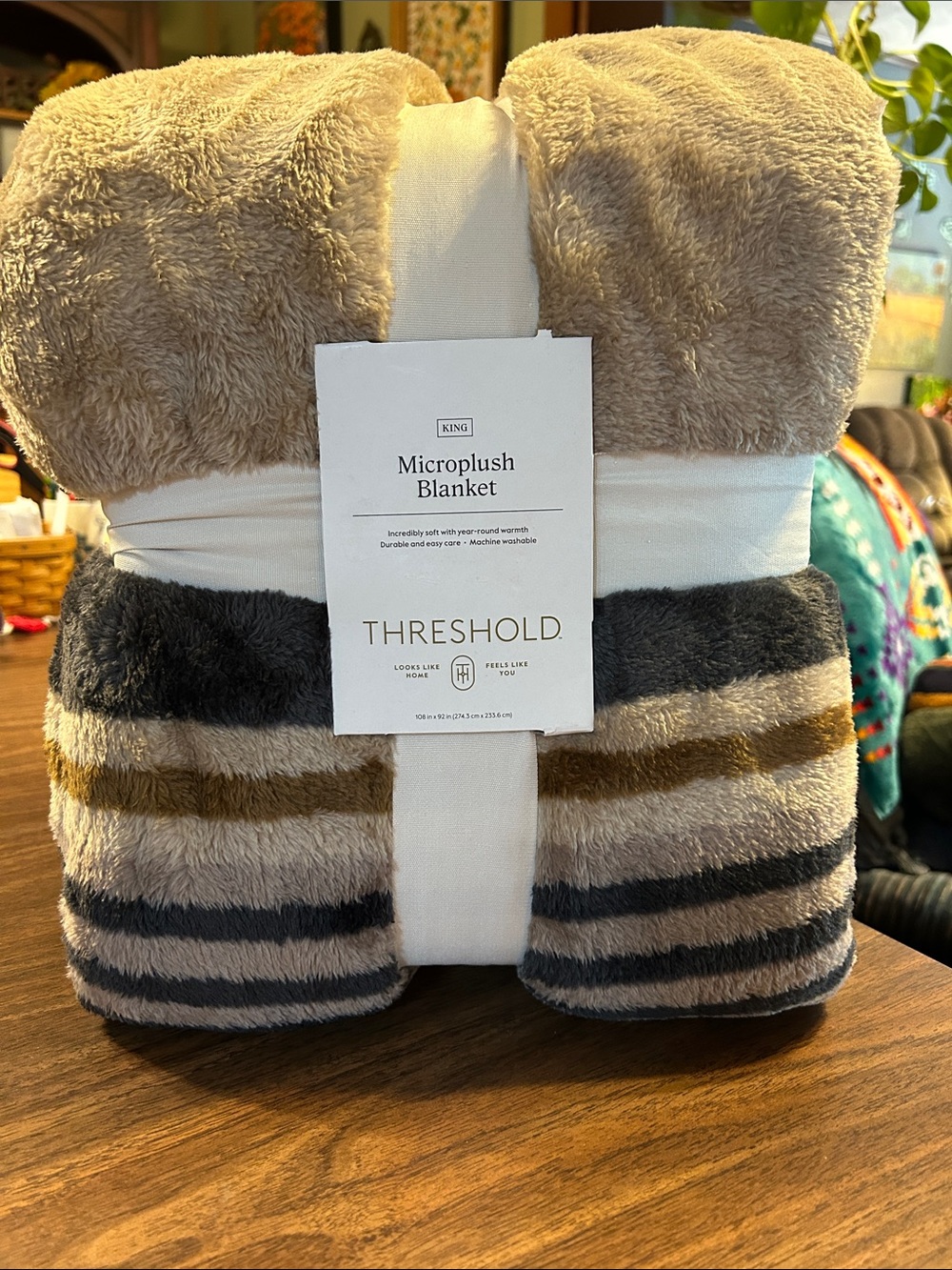 Threshold Microplush Throw in Taupe, Gray & Brown Stripes
